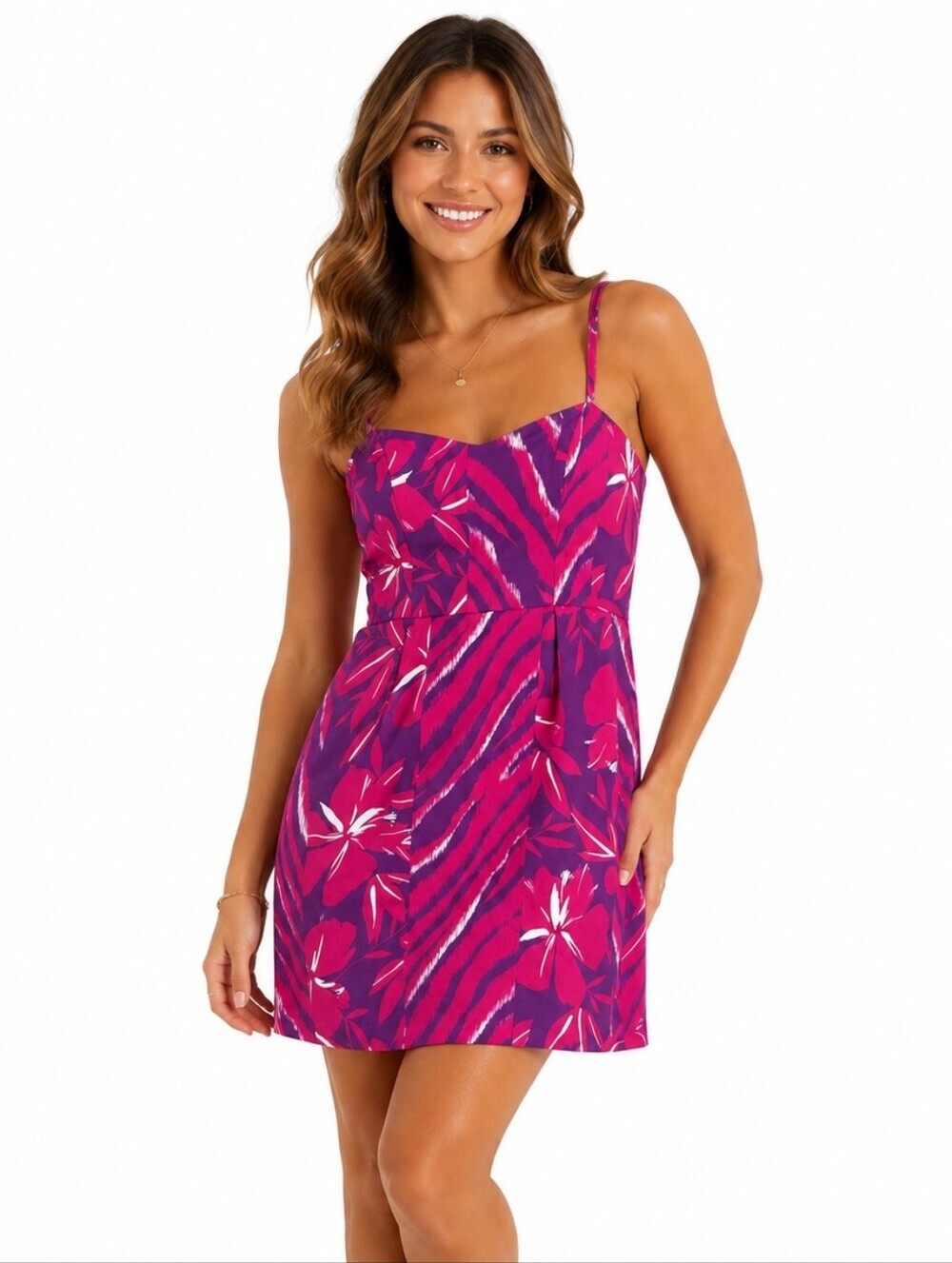 French Connection Tropical Print Mini Dress Pink Purple Strappy‎ NWT